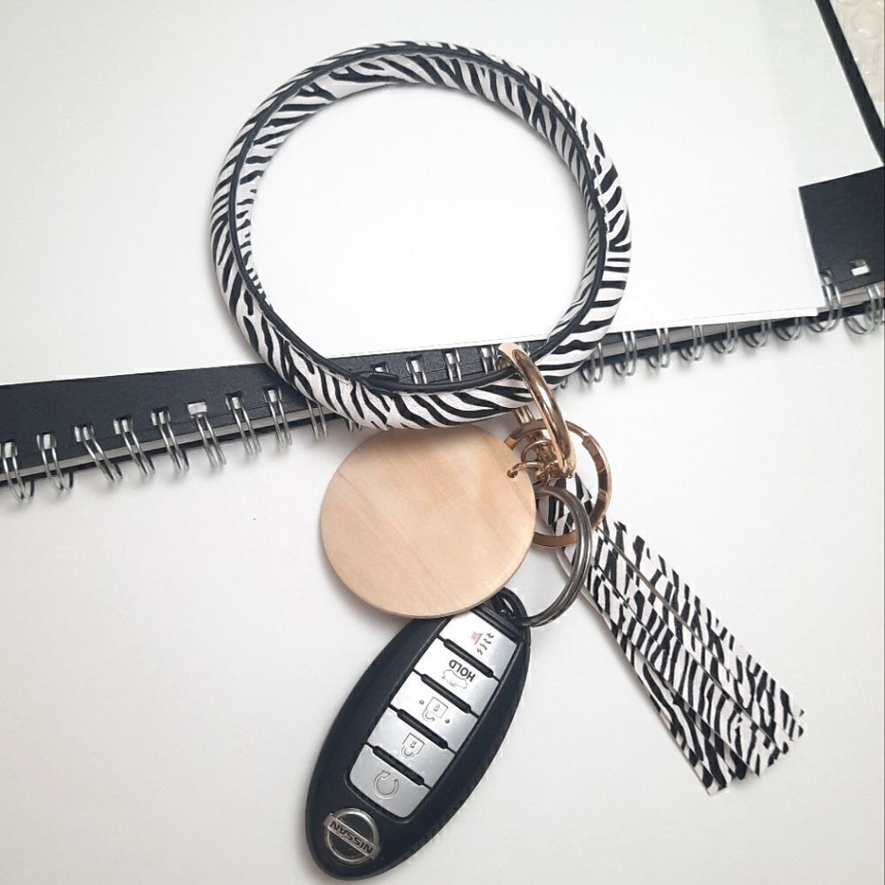 Zebra Print Leather Tassel Unisex Bangle Wrist Key Ring Keychain Ring - Picture 6 of 6
